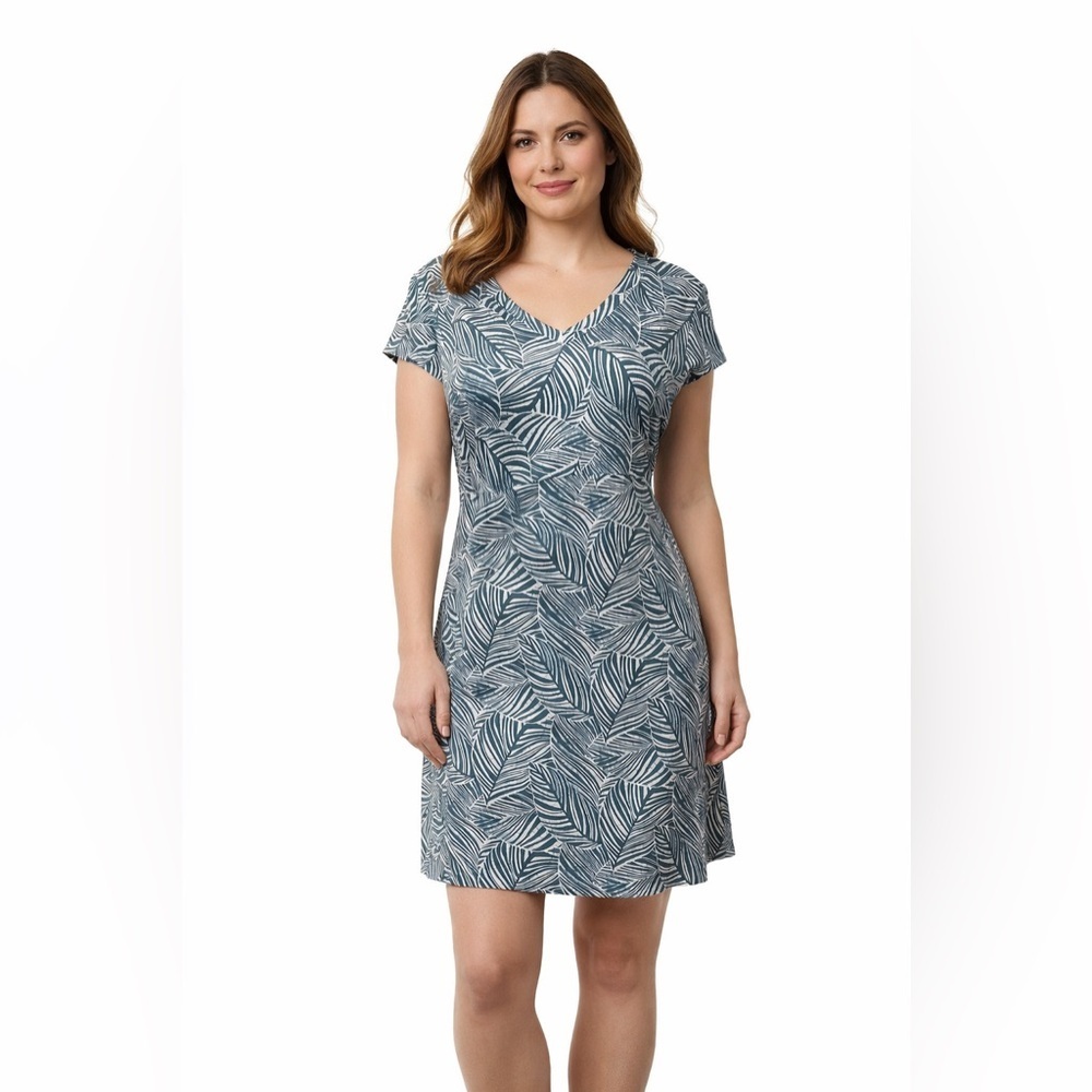 LL Bean Coastal Palm Leaf Print V-Neck Dress